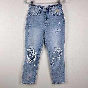 Vervet | Embroidered Mushrooms Distressed High Waist Straight Leg Jeans | 25